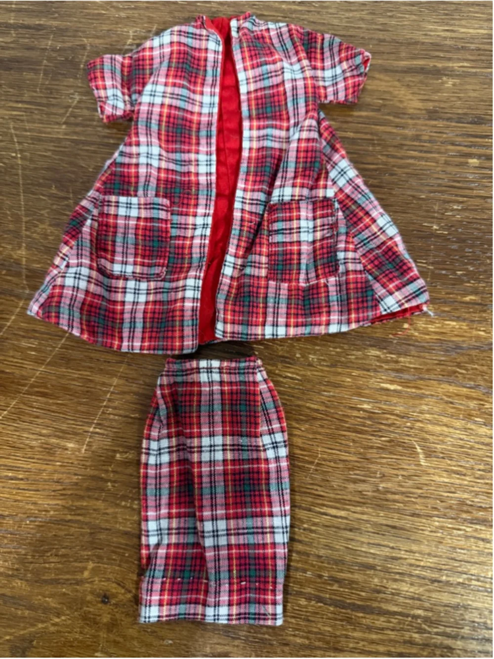 Vintage Barbie Plaid Coat & Skirt Set Red Tartan Jacket Outfit 1980s 1990s Matte